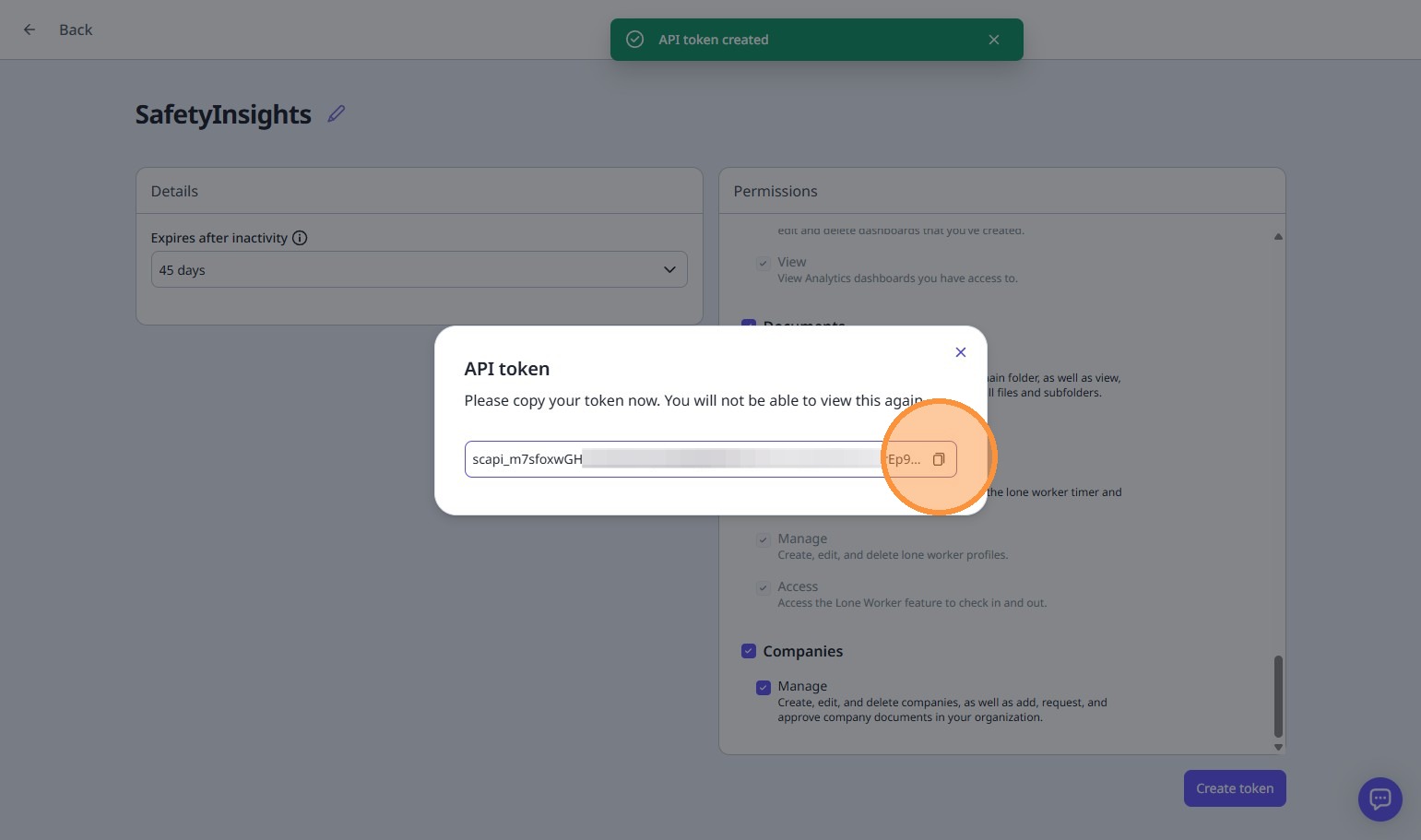 Screenshot of SafetyCulture API key interface